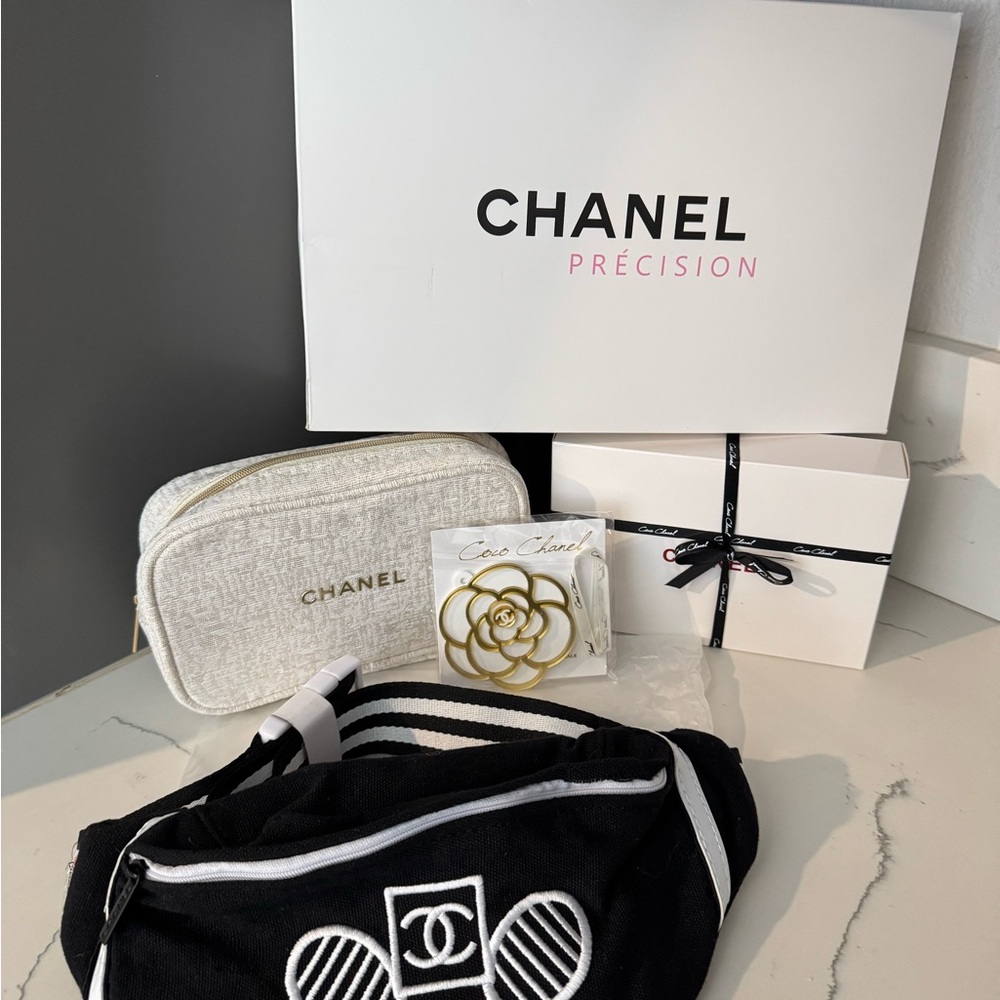 CHANEL Black and White Accessory Set with Gold Detail